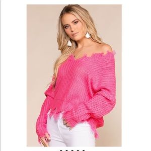 Distressed crop hot pink knit sweater